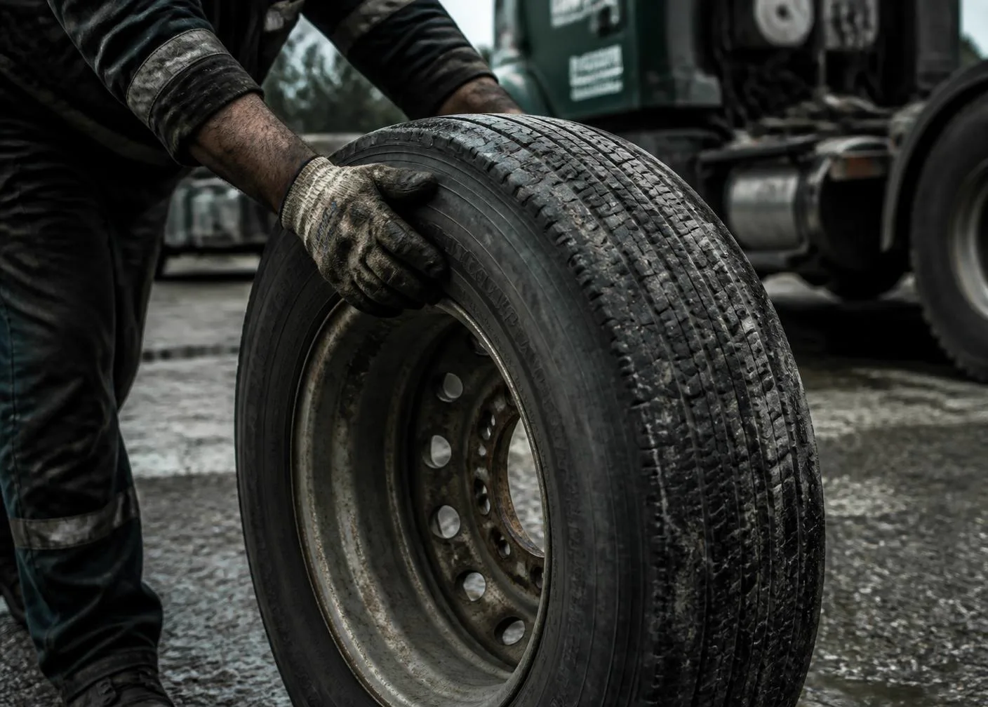 Gloved hands rolling a heavy truck tire for pickup