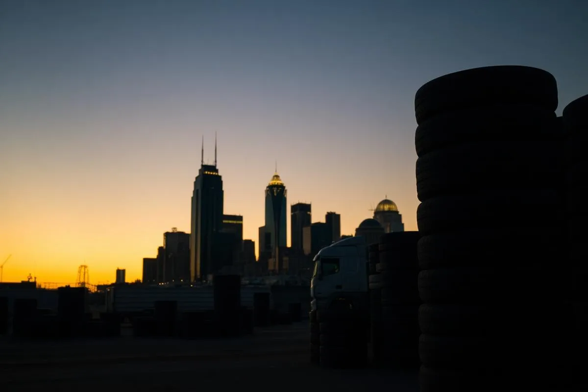 Dallas Fort Worth skyline beyond a yard of stacked truck tires