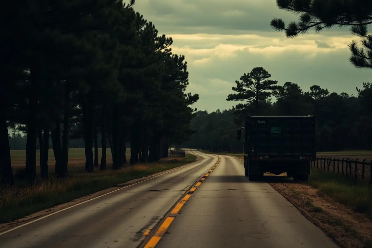Hauling truck on a rural East Texas pine lined road