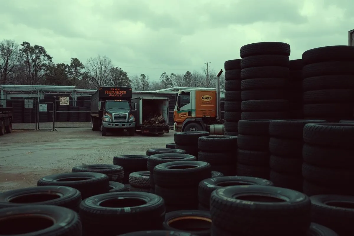 Tire drop off yard in Shreveport with stacked used tires and a truck